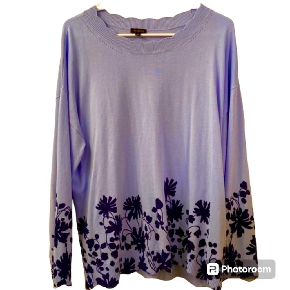 #48 Talbots Sweater Pullover Long Sleeve Blue Floral Scalloped edge WM SZ XL